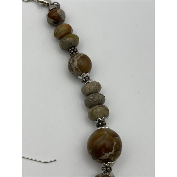 Beaded Stone Necklace & Earrings Set Natural Beige Sterling Silver Posts 18" - Picture 7 of 11